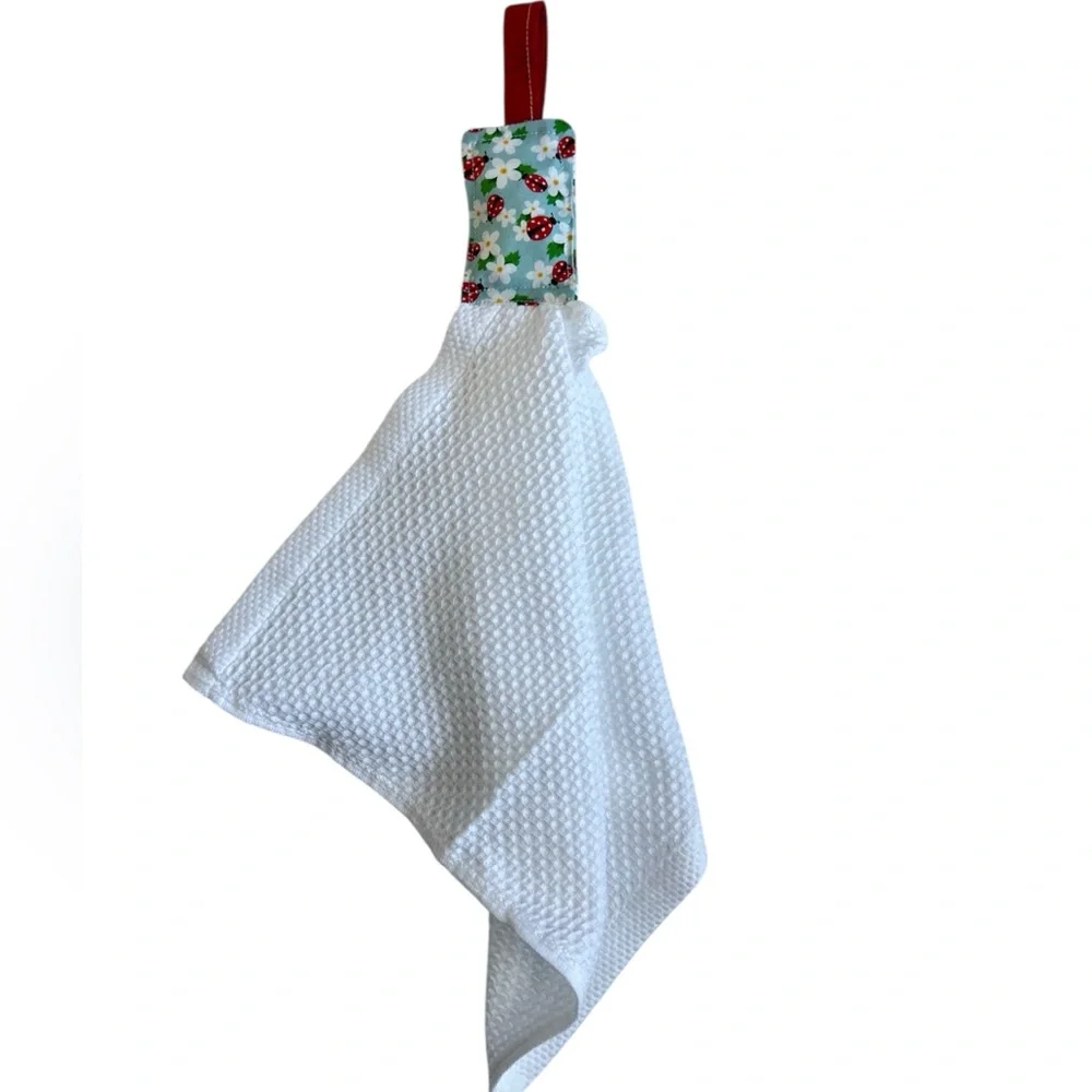 Hand Crafted Floral Ladybugs Red and White Hanging Kitchen Towel Cotton